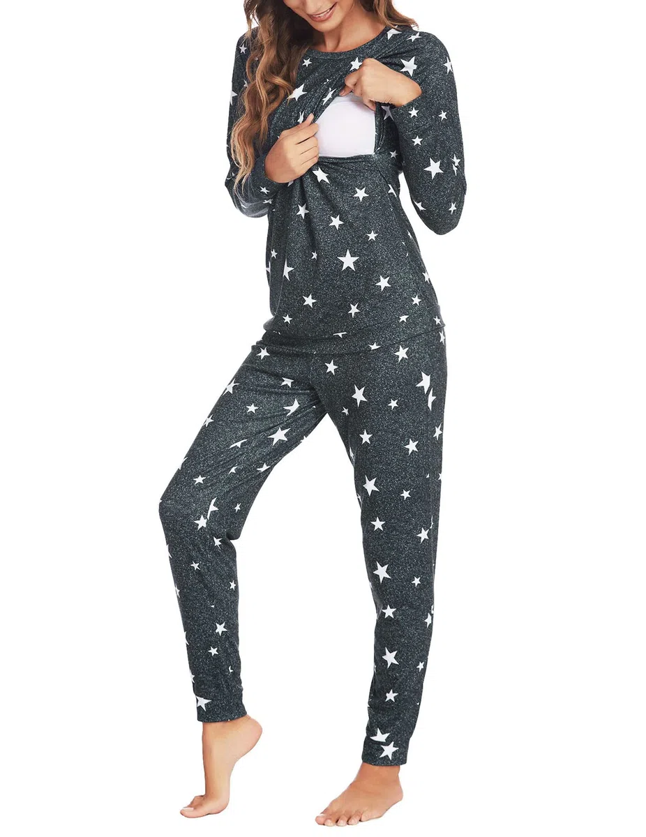 Ekouaer Pigiama Donna Premaman Pigiami maternità Invernali Manica Lunga Due Pezzi Abbigliamento da Notte Morbido, S-XXL