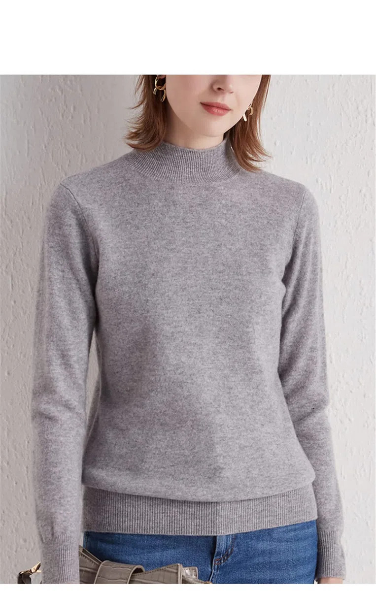 Maglione da donna in cashmere mezzo collo alto autunno inverno pullover pigro stile maglia maglia maglione di lana, grigio, XXL