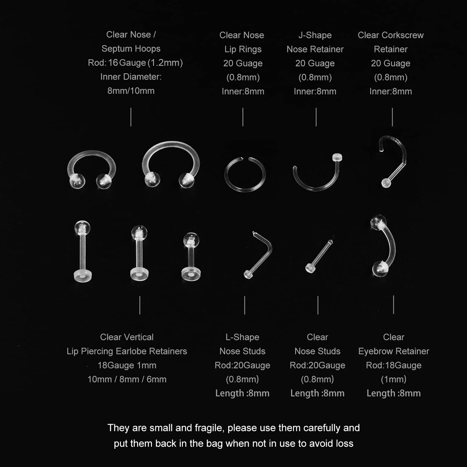 48Pz Piercing Retainer Trasparente di Bioflex Plastica per Naso Orecchio Septum Lingua Ombelico Capezzoli Silicone Teflon Piercings per Sopracciglio Labret Trago Industrial