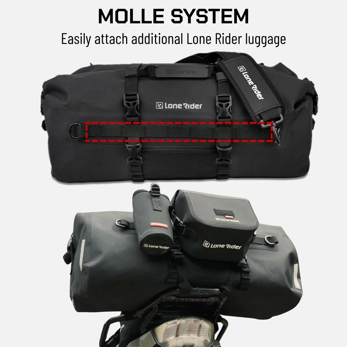 Lone Rider Borsone Impermeabile 50 L per Moto, Antipolvere e Arrotolabile, per Campeggio e Kayak, TPU 600D con Cuciture Saldate, Valvola dell'Aria, Pannelli MOLLE e Cinghie a Sgancio Rapido