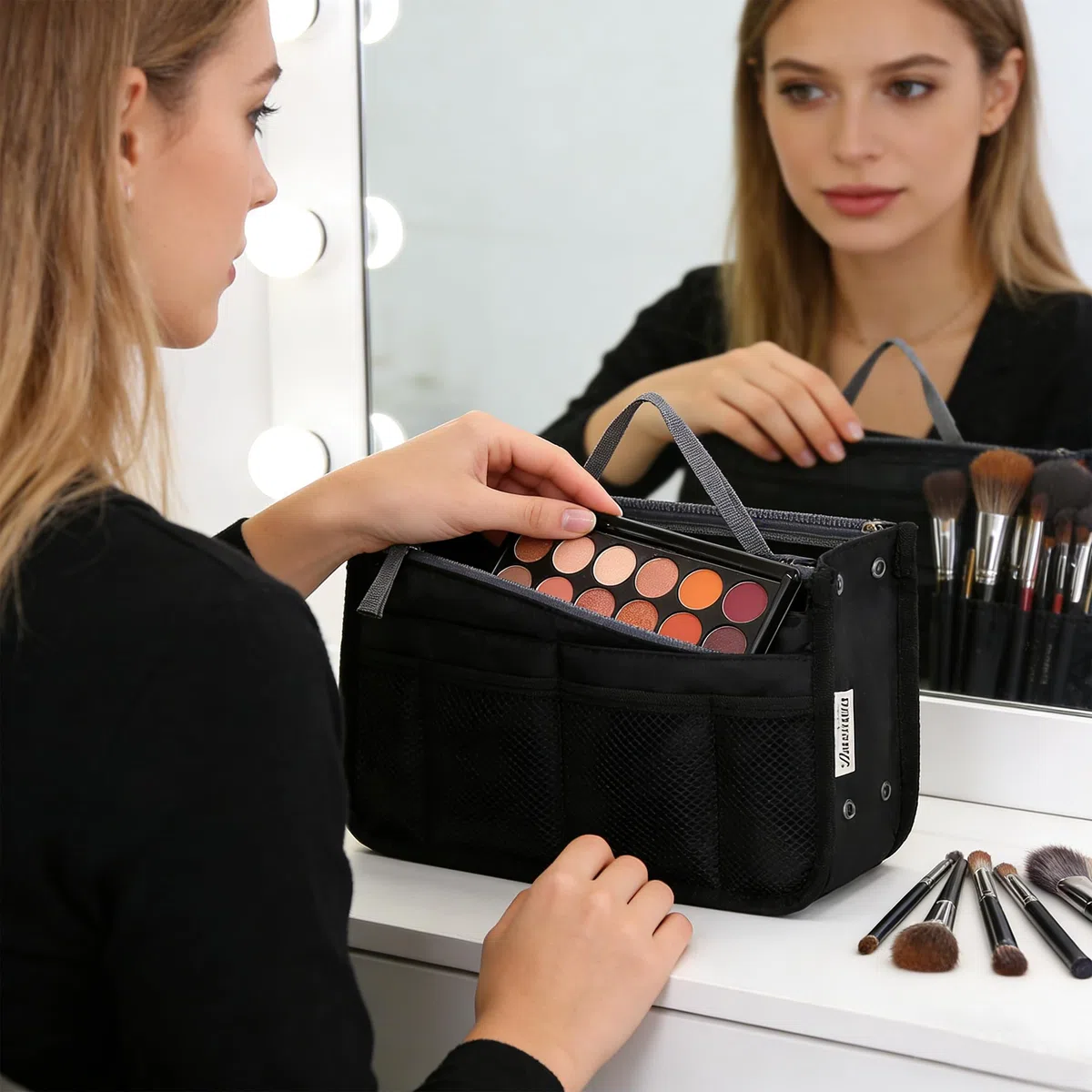 YUEMING Organizer Borsa, Donna Organizzatore Viaggio Borse, Borsa con 13 Tasche Espandibile con Chiusura a Cerniera per Doppio Manico Porta Accessori Cosmetici, Telefono, Trucco