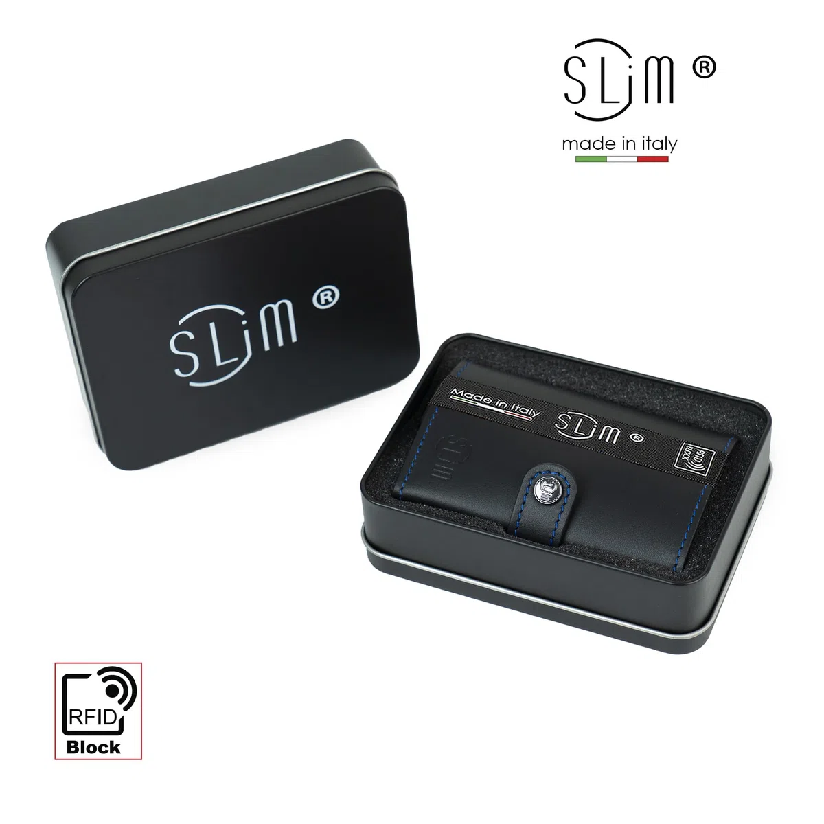 SLim Portafoglio Personalizzabile Porta Carte di Credito Schermato Portacarte Anticlonazione Uomo Donna Personalizzabile (Nero e Azzurro con Zip)