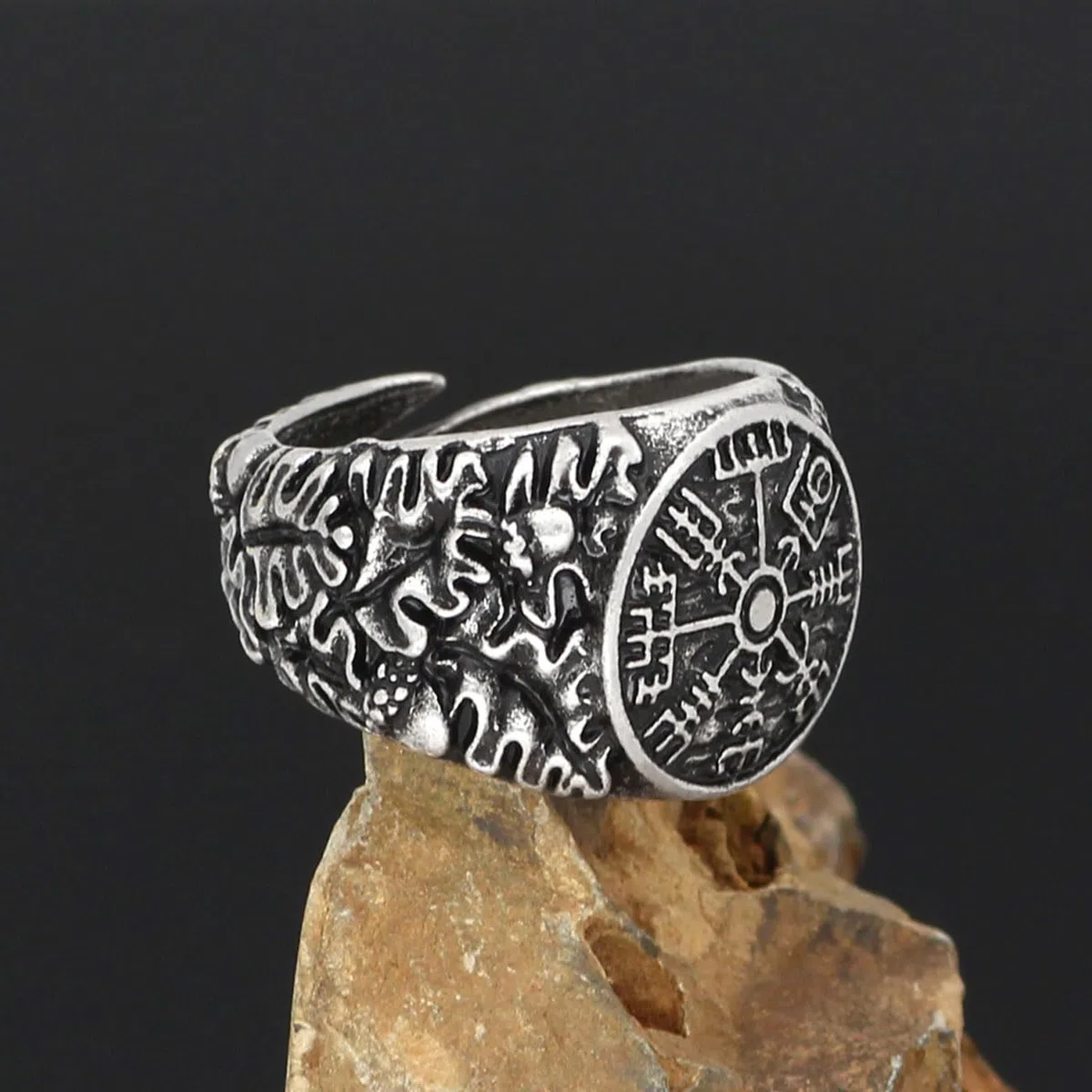Anello Viking da uomo con apertura regolabile, motivo bussola, incisione con testo, gioielli retrò punk hip hop gotici unisex vintage, regalo di compleanno/Natale per uomini e ragazzi