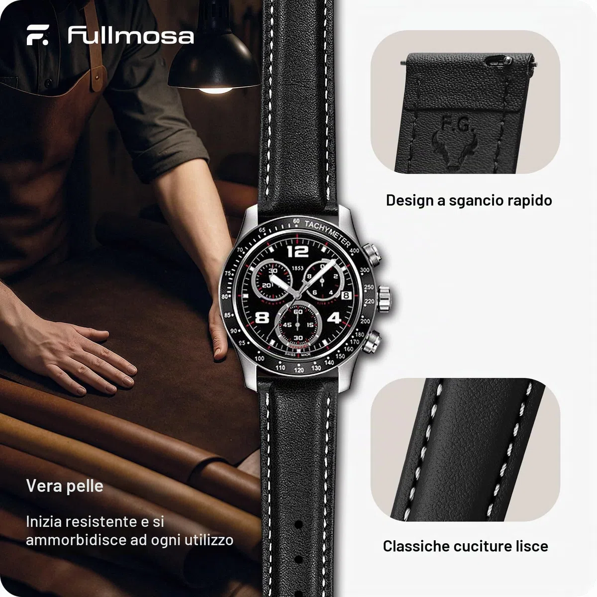 Fullmosa Cinturino per Orologio 24mm 22mm 20mm 19mm 18mm 16mm 14mm per Uomo e Donna, Sgancio Rapido, Cinturini di Ricambio in Pelle Smartwatch Compatible con Samsung Galaxy Watch/Garmin,Nero 22mm