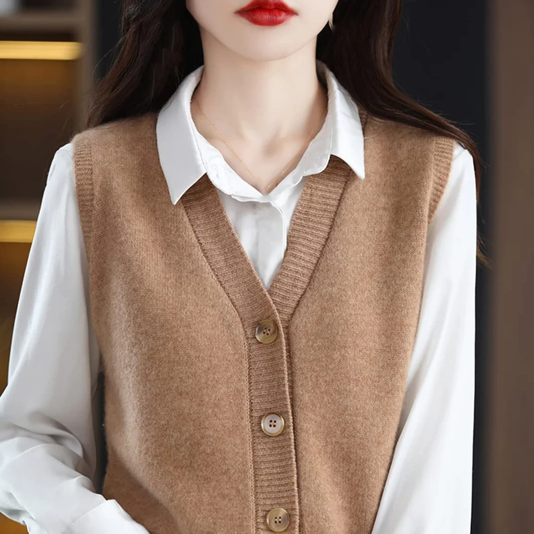 Ownwfeat Gilet in Maglia Cardigan Senza Maniche con Bottoni in Lana con Scollo A V da Donna