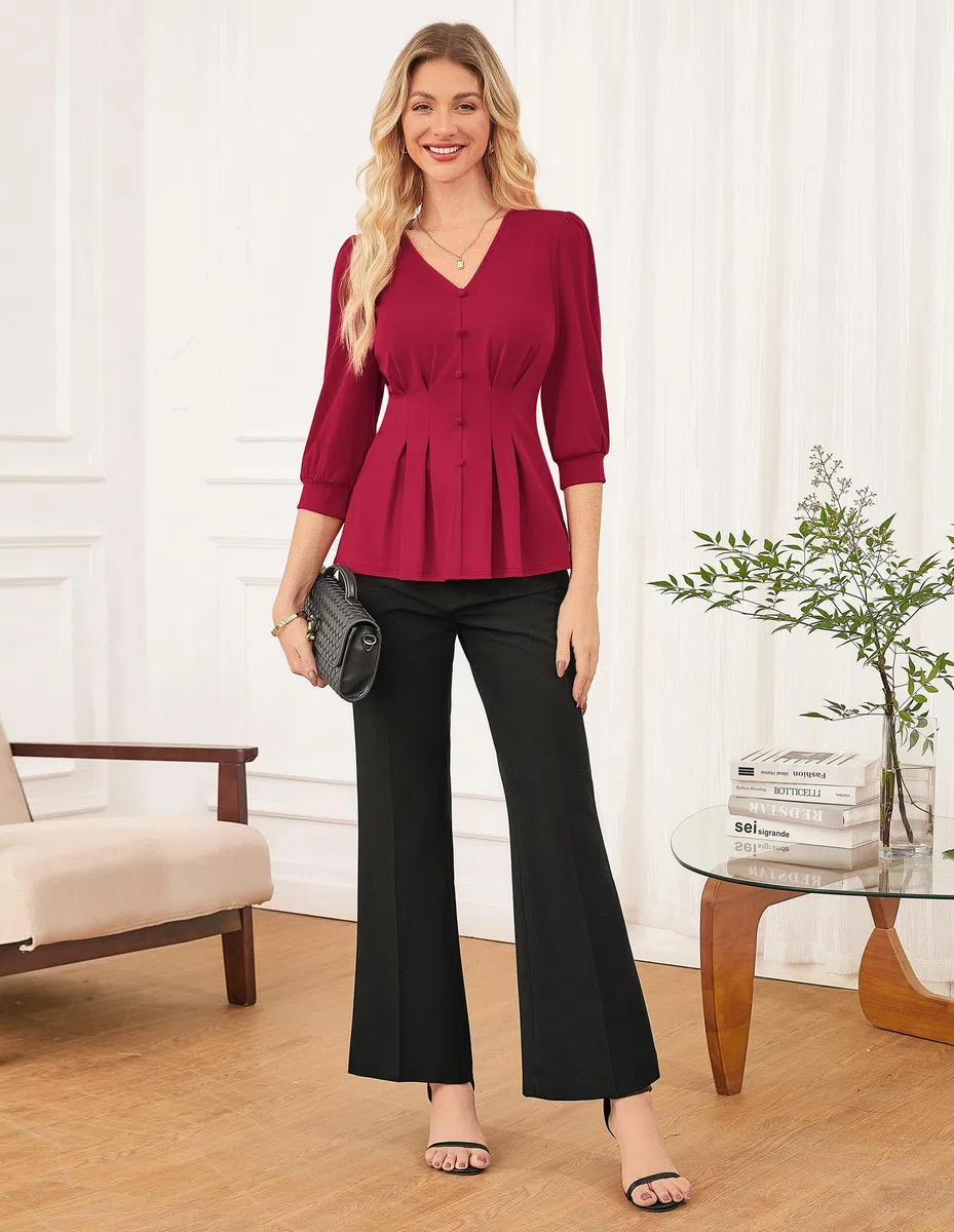 GRACE KARIN Maglietta da Donna Elegante Autunnale con Scollo a V Casual Elasticizzata con Pieghe e Maniche a Lanterna.