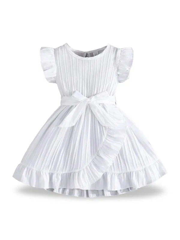 Niren Enterprise Vestito da bambina con volant, maniche a volant, fiocco in vita, elegante abito estivo e per feste di compleanno