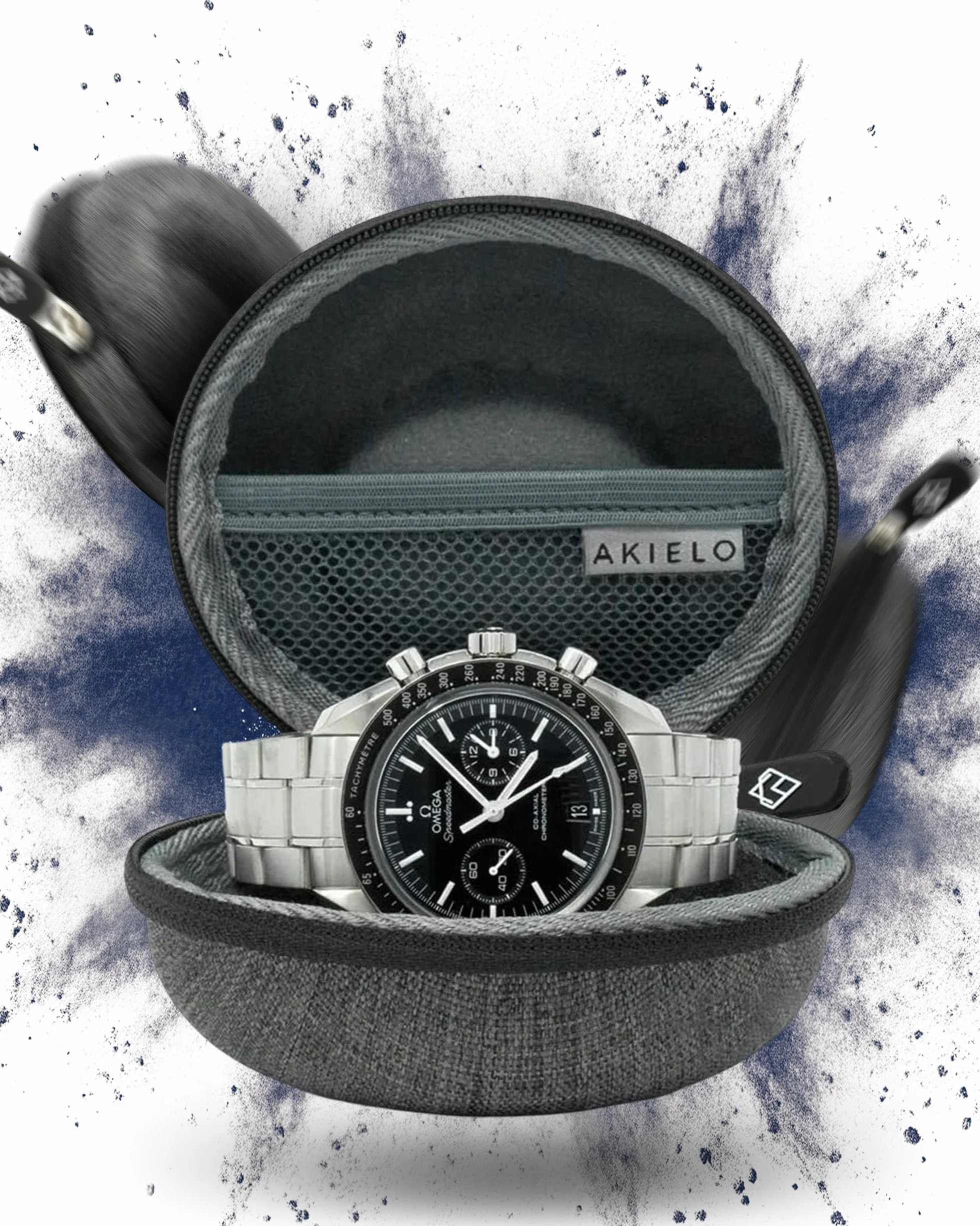 AKIELO Custodia Porta Orologi – Custodia da Viaggio per Orologi Uomo e Donna con Panno per la Pulizia in Cofanetto Regalo – Per Orologi e Smart Watch fino a 54 mm (Edizione Grigio Carbone)