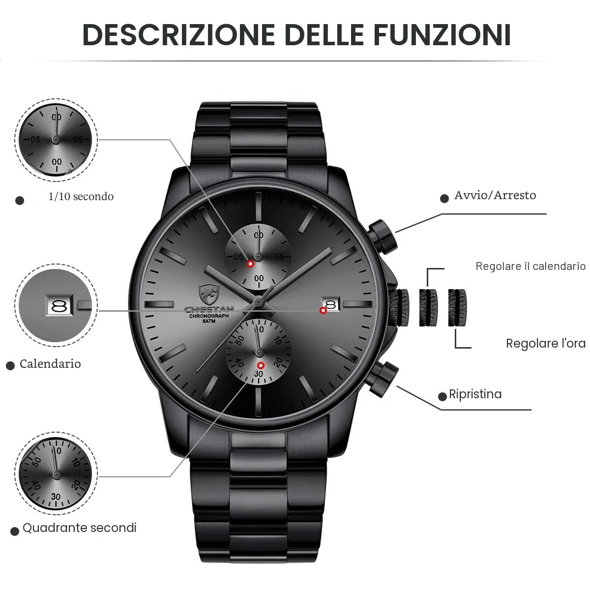Affute Orologi da uomo in acciaio inox e metallo, stile casual, impermeabile, cronografo al quarzo, data automatica, lancette colorate…