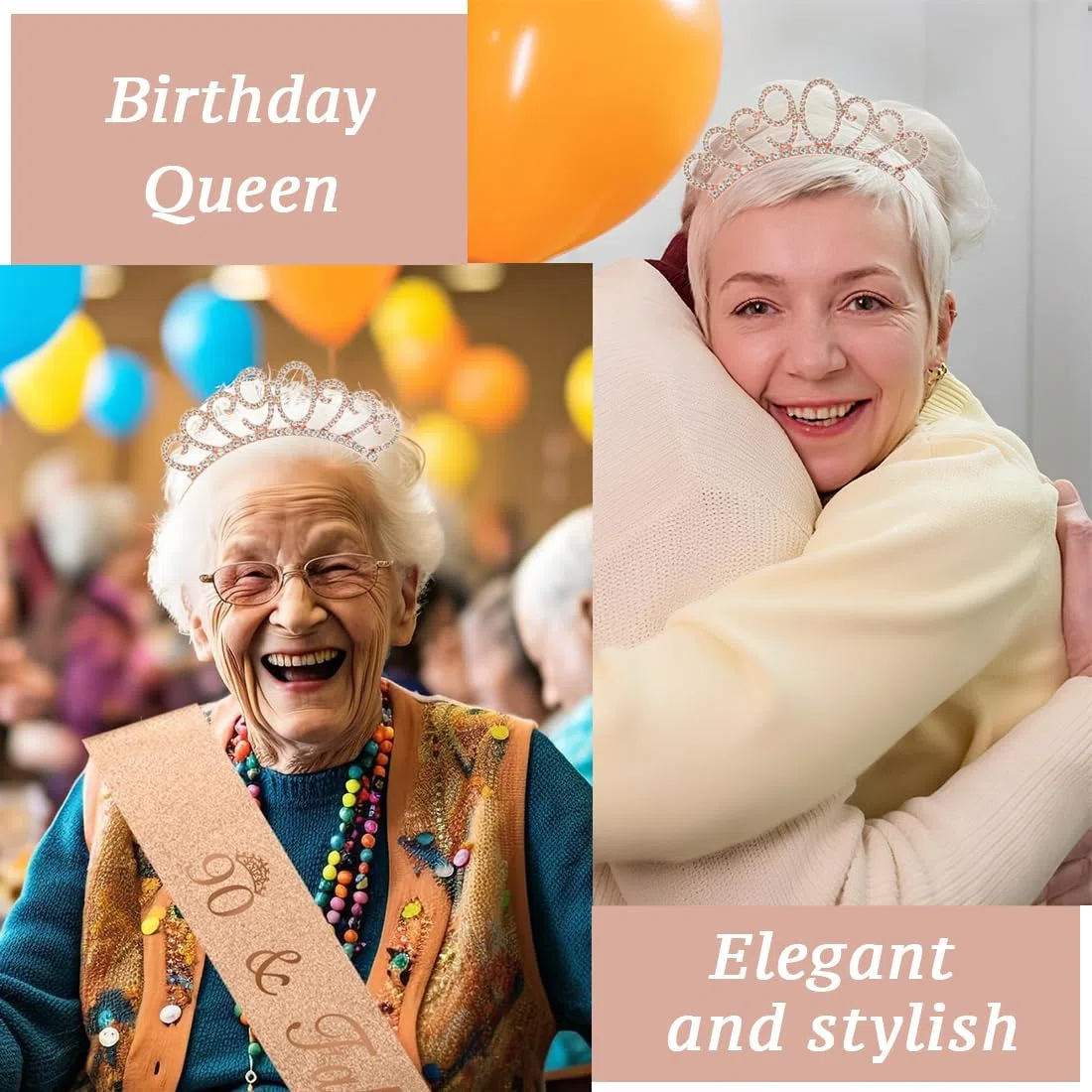 Fascia e Corona per Compleanno Donna, 90 Anni, Oro Rosa, Decorazioni per Torta, Regalo per il 90° Compleanno da Donna