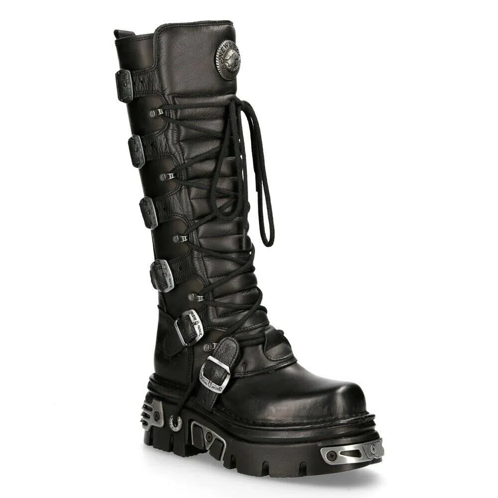 New Rock Stivali Alti fino alle Ginocchia 272-S1 in Pelle Nera Metallizzata con Chiusura con Lacci e Fibbia Stile Emo Gotico