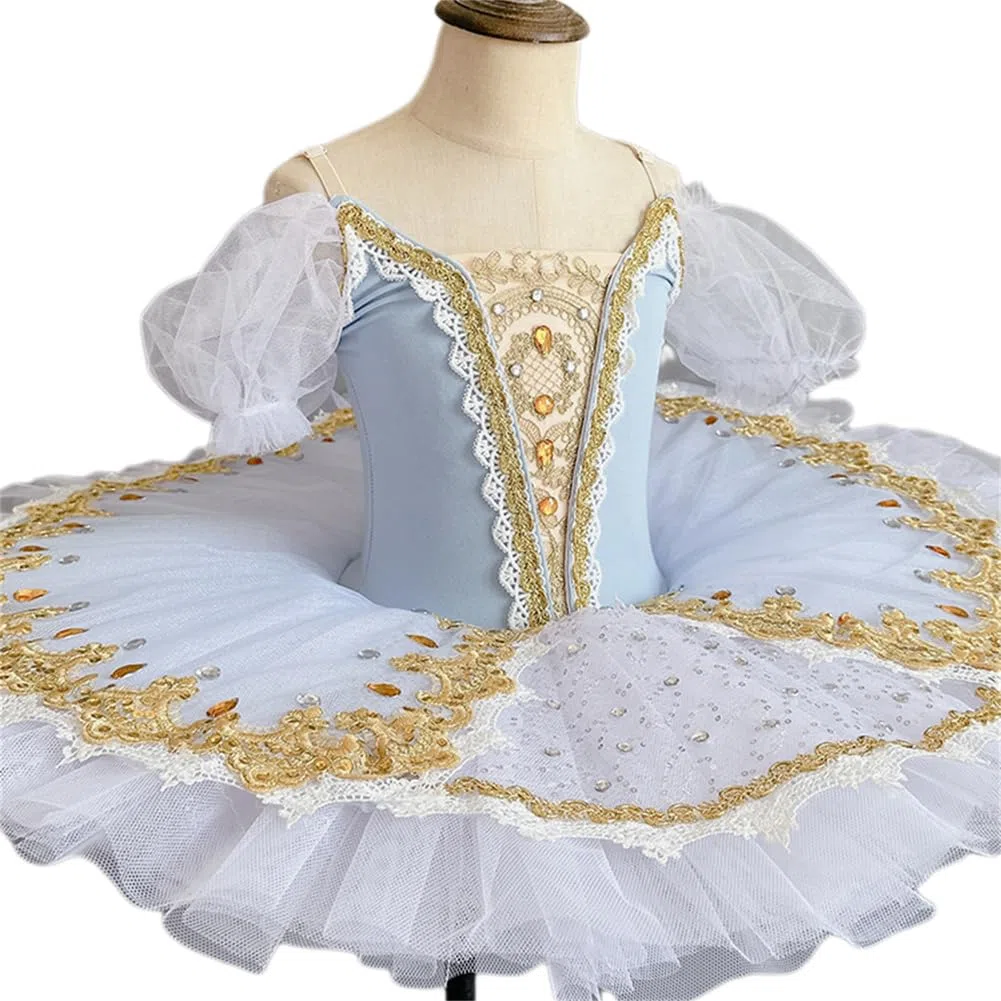 Strass Paillettes Body tutù Balletto Vestito per Bambini Ragazze Pattinaggio Ginnastica Dancewear Maniche Arruffate Tulle Gonna Swan Dance Performance Ballroom Costume