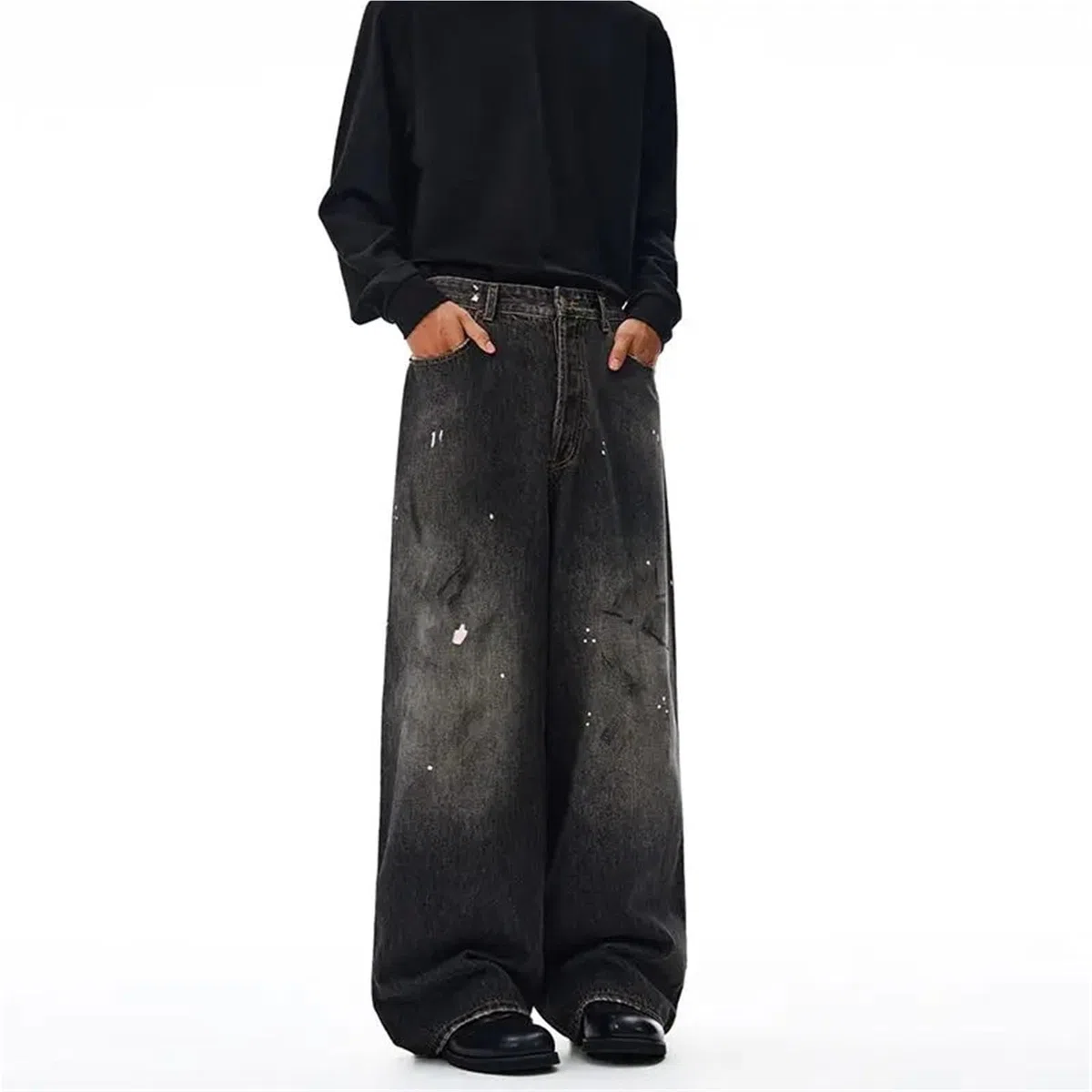 Uomini e Donne lavano Il Pavimento, Coppie Curve, Versatili, Pantaloni Lunghi Casual a Gamba Dritta, Jeans Larghi, Tinti di Sporco schizzati d'inchiostro per Il Tempo Libero E Le Vacanze