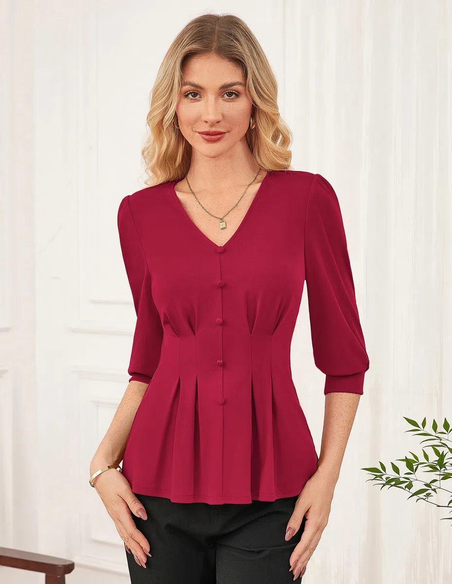 GRACE KARIN Maglietta da Donna Elegante Autunnale con Scollo a V Casual Elasticizzata con Pieghe e Maniche a Lanterna.