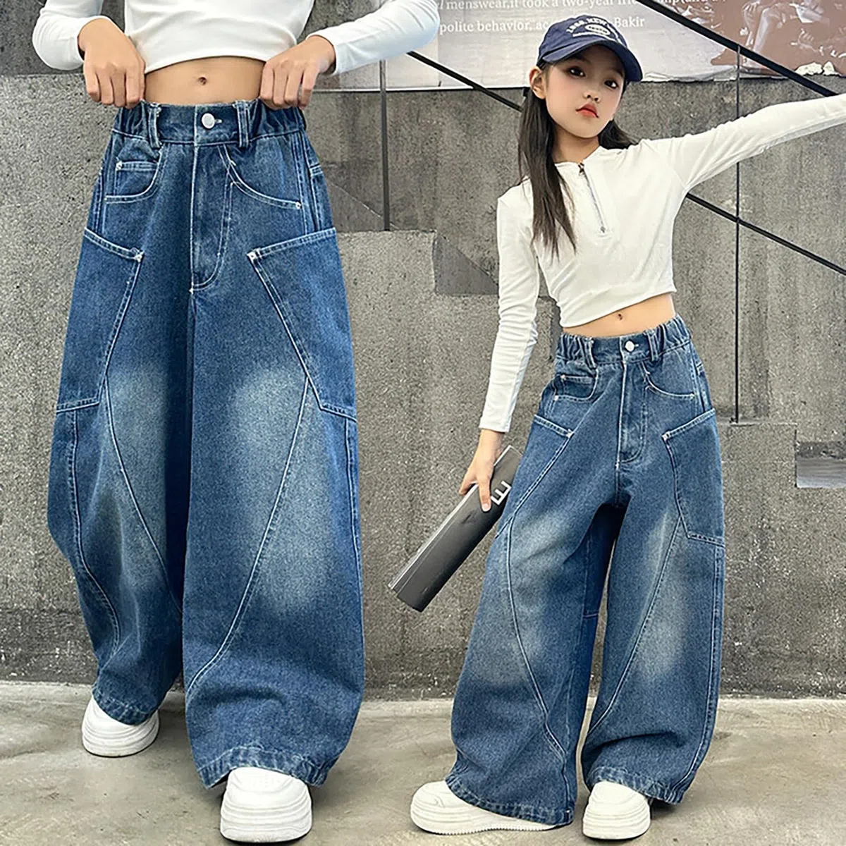 Bambini Ragazze Baggy Cargo Jeans Y2K Streetwear con Tasche Teen Girls Jeans a Gamba Larga Elastico in Vita Pantaloni Denim Vintage Flared Pantaloni della tuta Preppy Vestiti