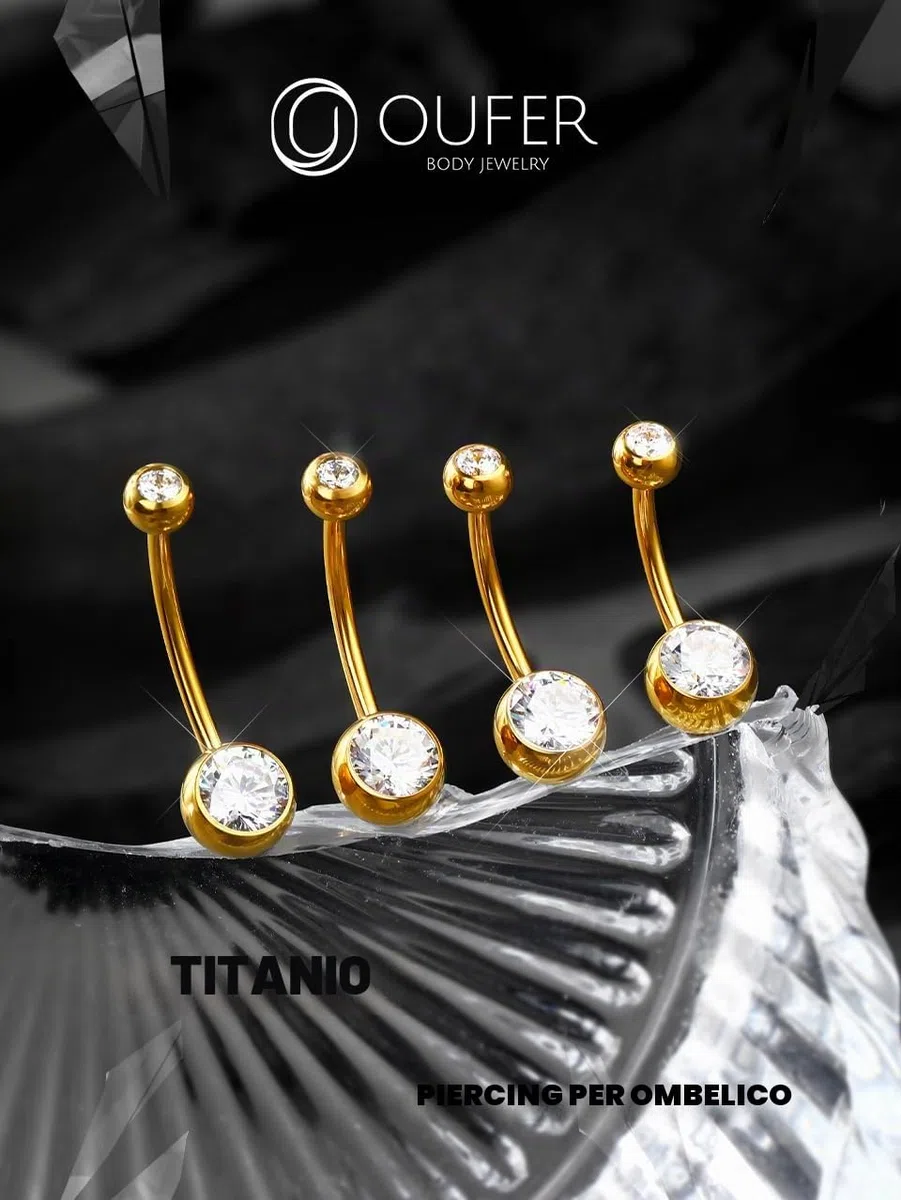 OUFER Piercing per Ombelico, in Titanio, per Ombelico, a Sfera, in Oro, con Doppia Gemma, per Donna, Uomo, 8, 10, 12, 14, 16 mm