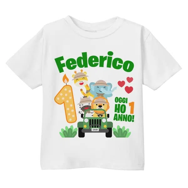 T-Shirt Maglietta Bimbo Bimba Primo Compleanno Adesso Ho 1 Anno! Personalizzata con Nome! Animali Safari Giungla! (Taglia 1-2 Anni Come da Tabella)