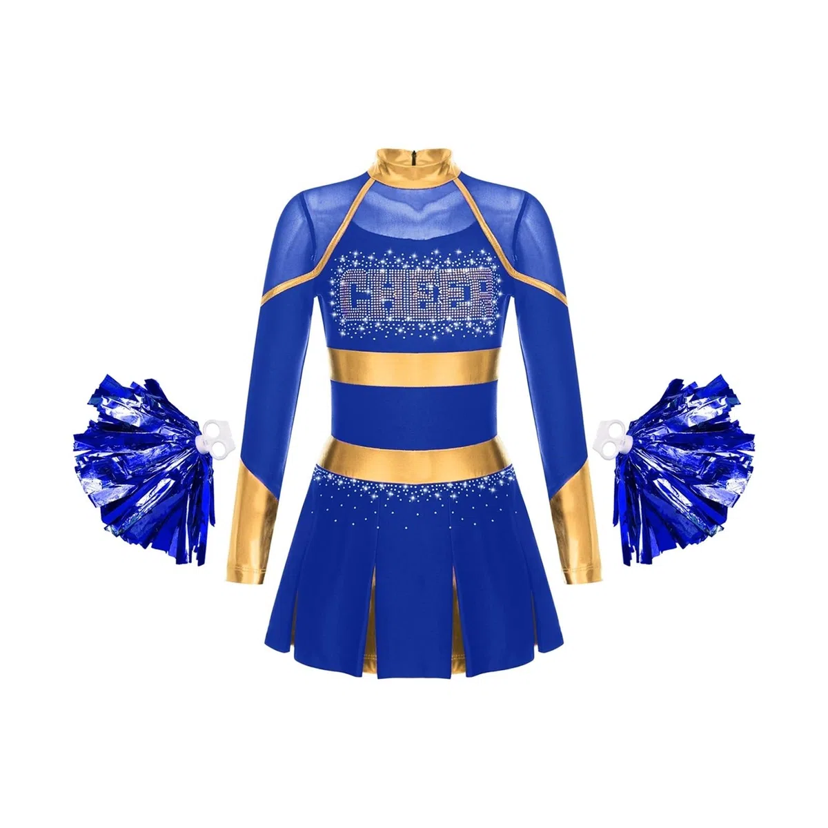 Costume Cheerleader Donna Costume da Ballo Uniforme da Cheerleader Abito Pieghettato a Maniche Lunghe Metallizzato con Strass con 2 Fiori a Mano(Blue A,16)