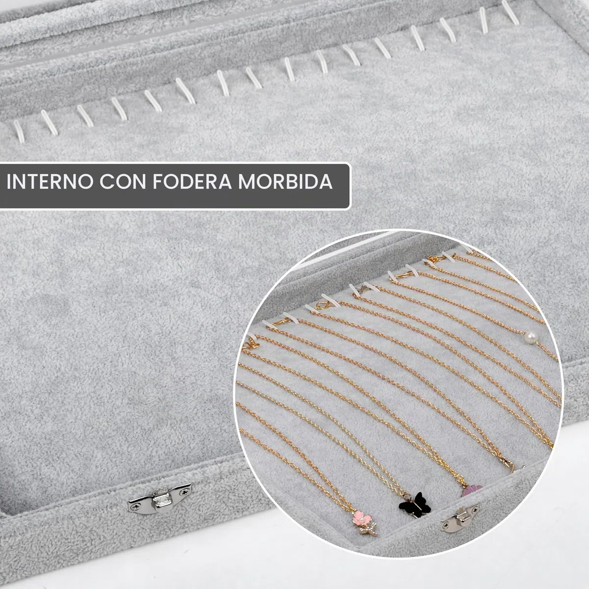 BELLE VOUS Porta Collane da Tavolo Espositore Gioielli Velluto Grigio - 20 Ganci e Coperchio in Vetro Chiusura a Chiave - Porta Gioielli Donna Impilabile - Espositore Collane, Orecchini e Bracciali