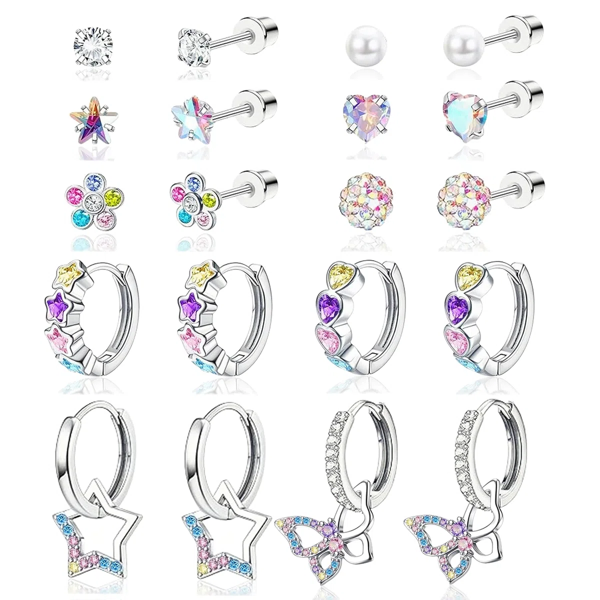 LOFITOR 10 Paia Orecchini a Vite Ipoallergenici, Acciaio Chirurgico, Piccoli Huggie, Pendenti CZ Stella Farfalla, Set Stud a Vite per Orecchie Sensibili Donne Ragazze
