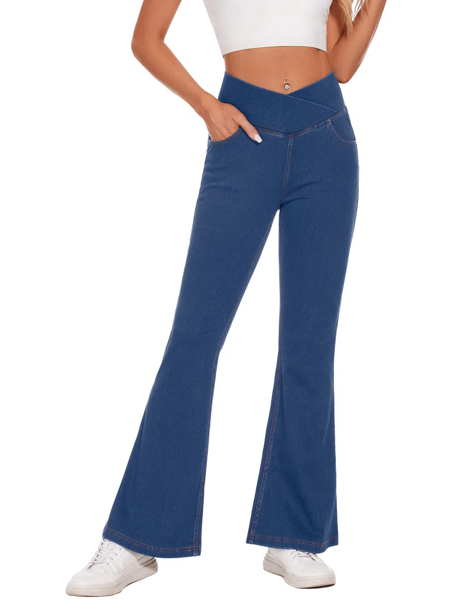 Desol Flare Jeans da donna Strechy Bell Bottom Pull On Jeans a vita alta a croce controllo pancia Bootcut pantaloni con tasche