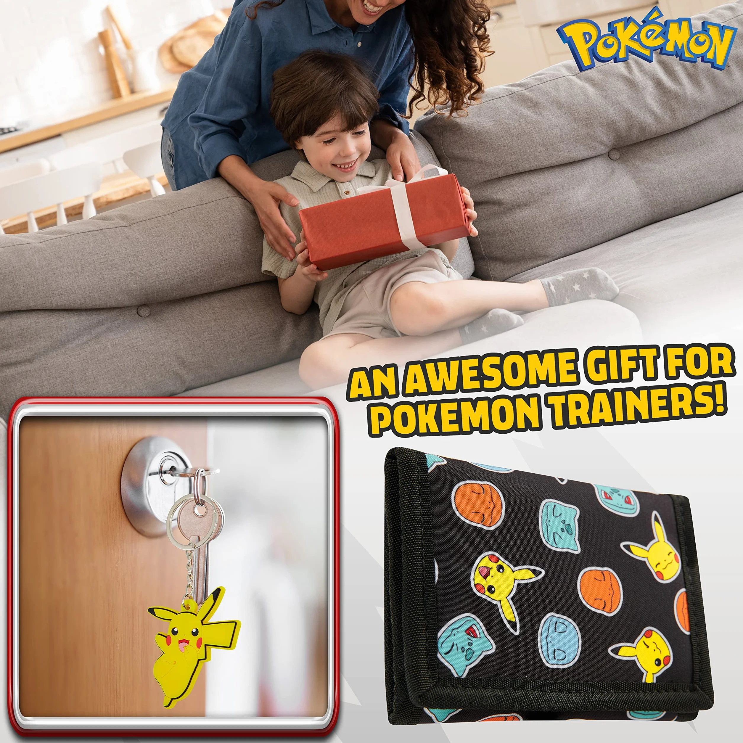 Pokémon Portafoglio Bambino Pikachu Portafogli Ragazzo Trifold con Porta Carta D'identità Portamonete Bambino e Anello Portachiavi Divertenti (Nero/Giallo)
