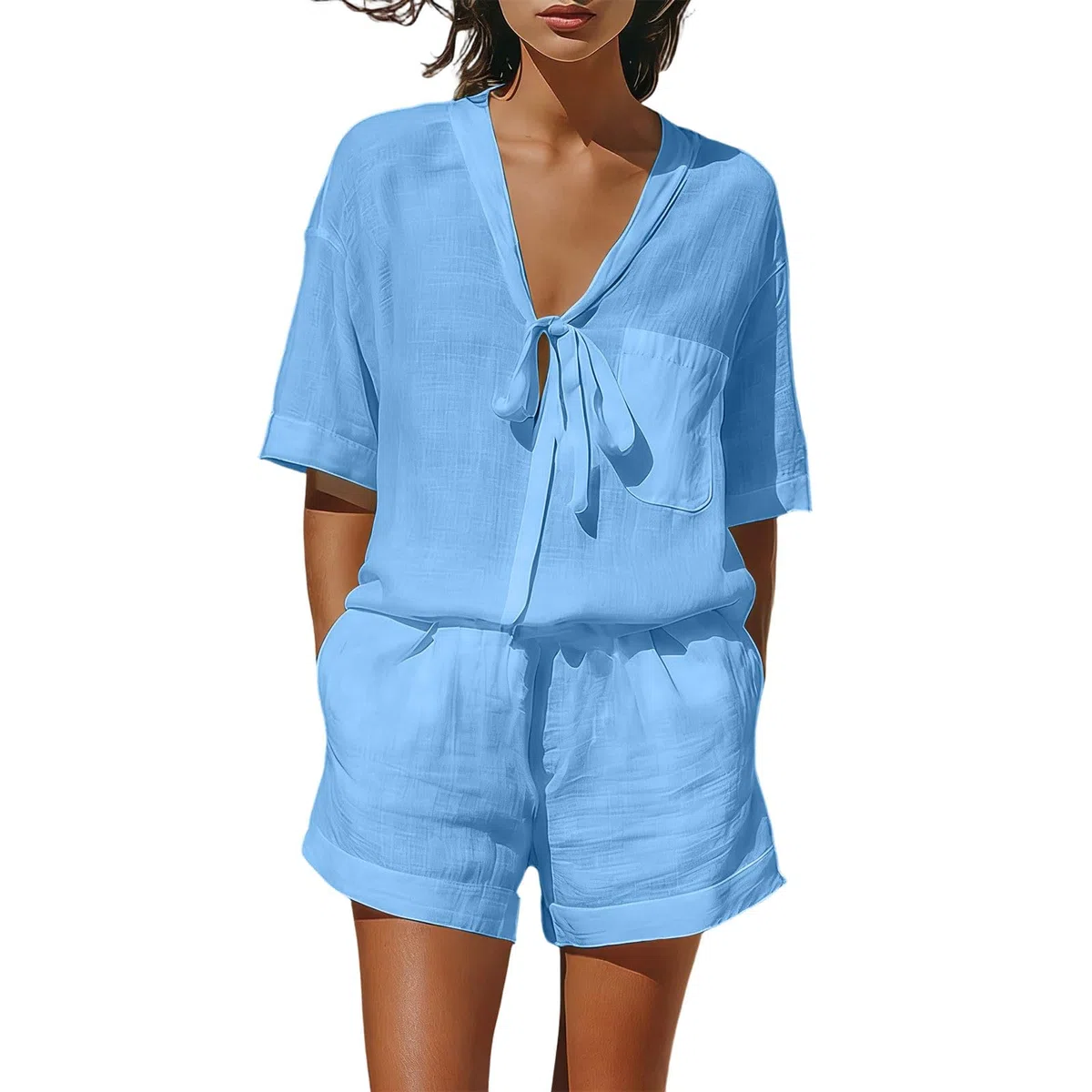 Completo Donna Lino Due Pezzi Elegante Camicia a Maniche Corta e Estivo Pantaloncini Cotone Tuta Estiva Curvy Set Completi Estivi Casual Larghi Abbigliamento Estive Spiaggia