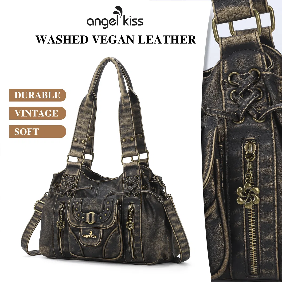 Angel Kiss Piccola borsa hobo da donna in pelle lavata retrò borsa a tracolla spaziosa con manici superiori borse con tracolla rimovibile