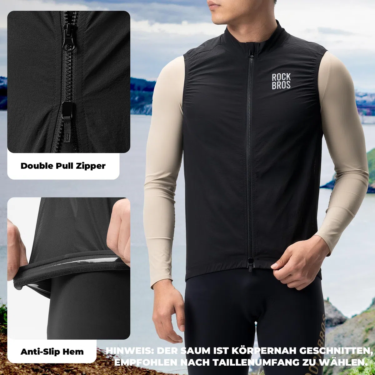 ROCKBROS Gilet Antivento Ciclismo Uomo, Maglia da Ciclismo Senza Maniche, Gilet Bici Sportivo Traspirante e Leggero, Portatile e Pieghevole, per Bicicletta Running Corsa Trekking