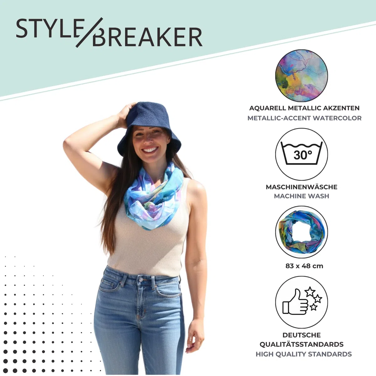 styleBREAKER sciarpa ad anello da donna Aquarell Glow con accenti metallici | sciarpa leggera, morbida, fluida e traspirante per la primavera e l'estate