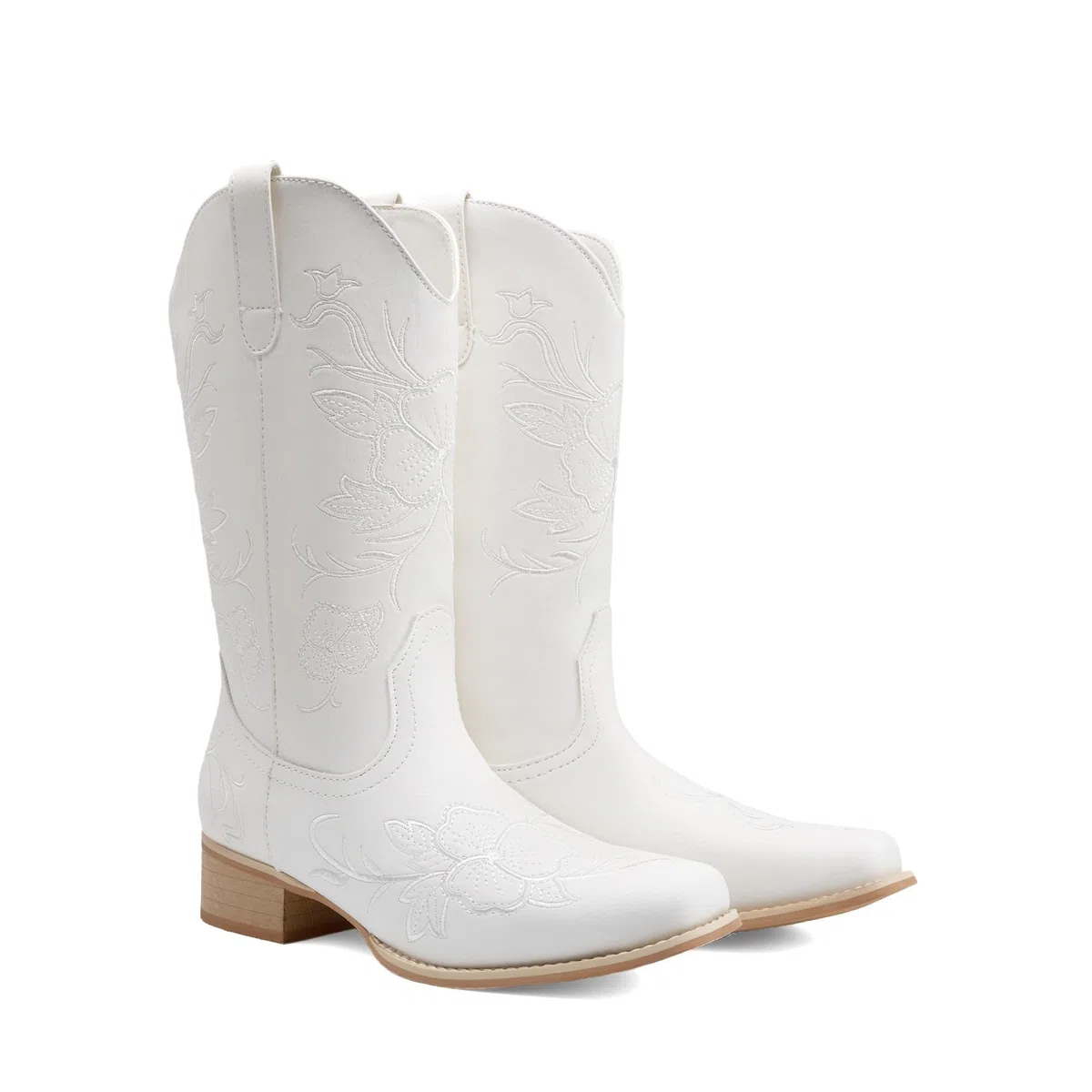 DREAM PAIRS Stivali da cowboy da donna con punta quadrata ricamata, tacco basso grosso, stile western, per festival di musica country, feste a tema e concerti, bianco, 41 EU