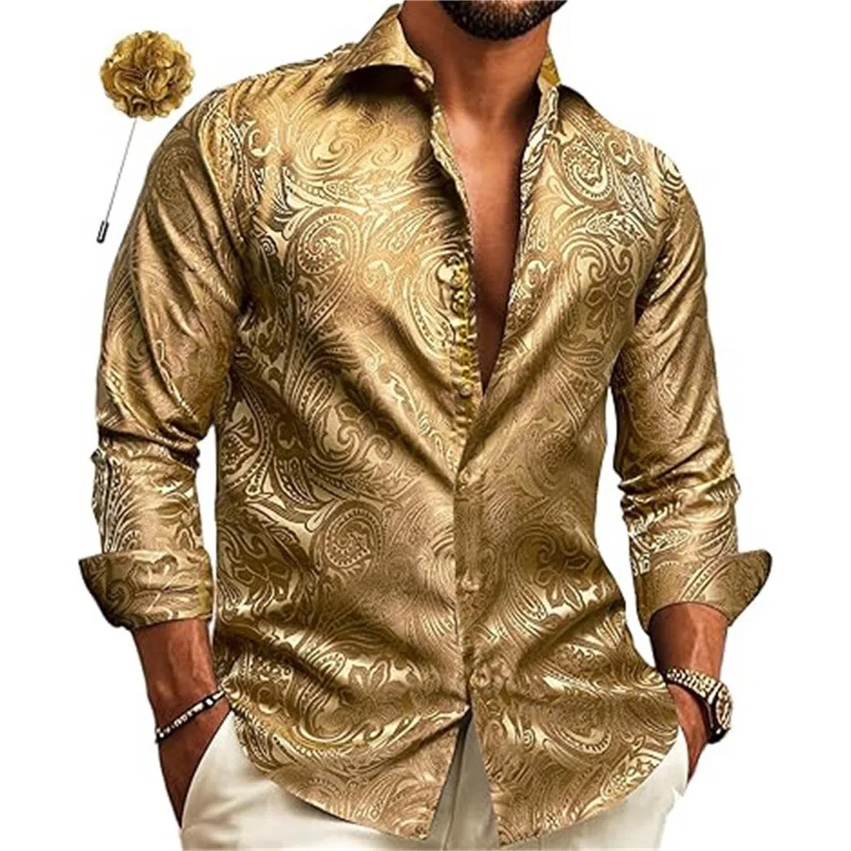 Paisley, camicia da uomo in raso, camicia a maniche lunghe, per il tempo libero, da discoteca, per feste, da lavoro, in raso, per matrimoni, feste, balli di fine anno