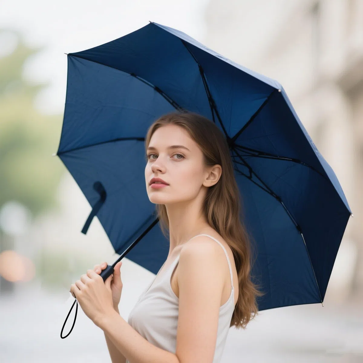 SIEPASA Ombrello compatto da viaggio, antivento, 8 costole, anti-UV, impermeabile, pieghevole, con rivestimento in telfon, un pulsante per apertura e chiusura automatica (blu navy)