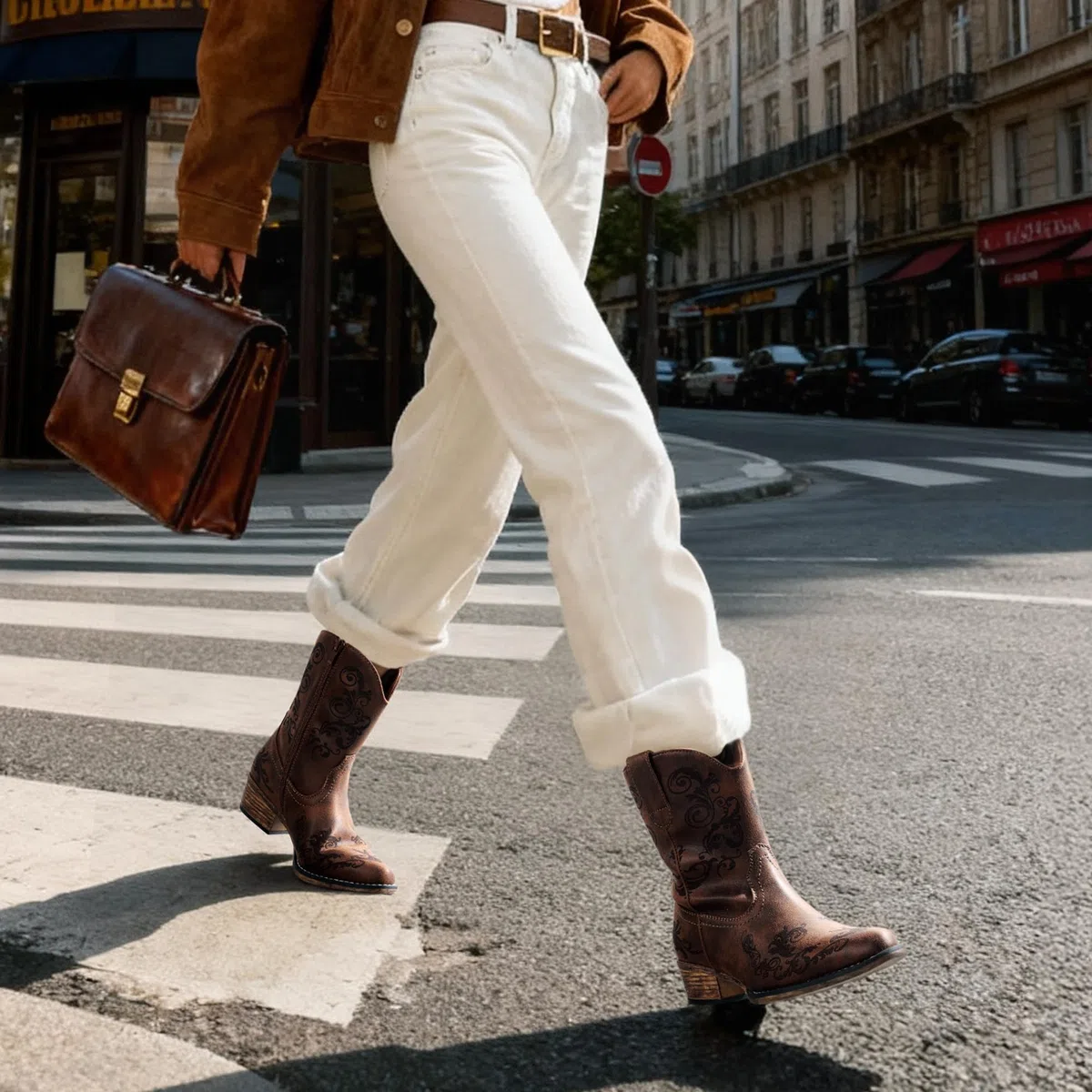 DREAM PAIRS Stivaletti da donna Cowboy Cowgirl western bassi tacchi grossi punta quadrata autunno stivaletti corti scarpe