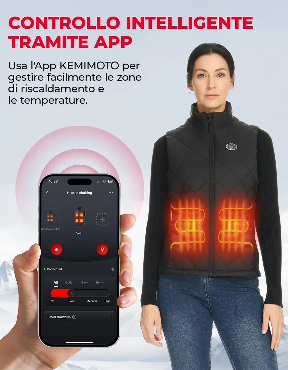 KEMIMOTO Gilet Riscaldato Donna, Elettrico Gilet Riscaldato con Telecomando APP, Giubbotti Riscaldati con Batteria da 10000 mAh per Sci, Escursionismo, Campeggio e Attività all'aperto