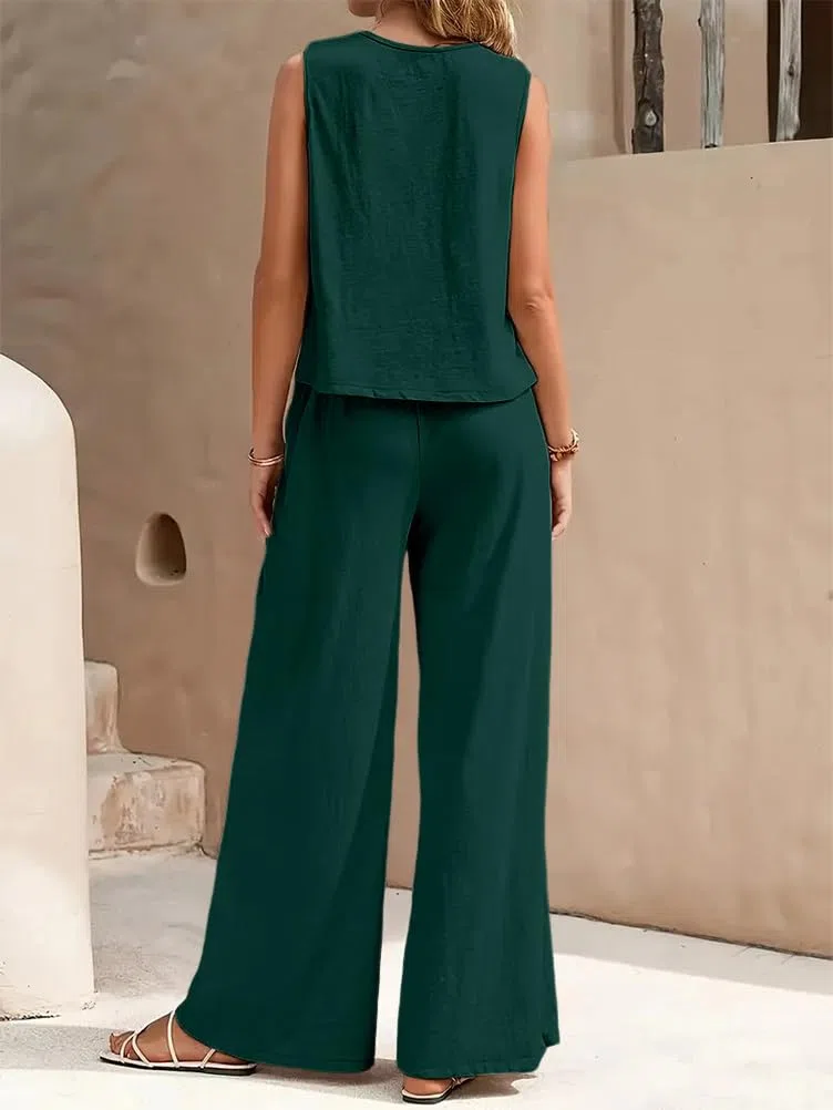 Tuta Donna Estiva Completa 2 Pezzi Top Senza Maniche con Girocollo + Pantaloni a Vita Alta Gamba Larghi Dritti Completo Casuale Leggero