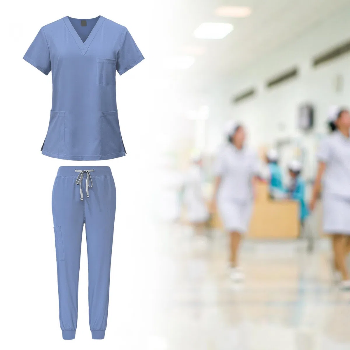 LOVIVER Female Scrub Set Nurse Workwear V Neckline Professional Machine Washable Top and Joggers Pant Work Clothing for Beauty Center, Light Blue, M