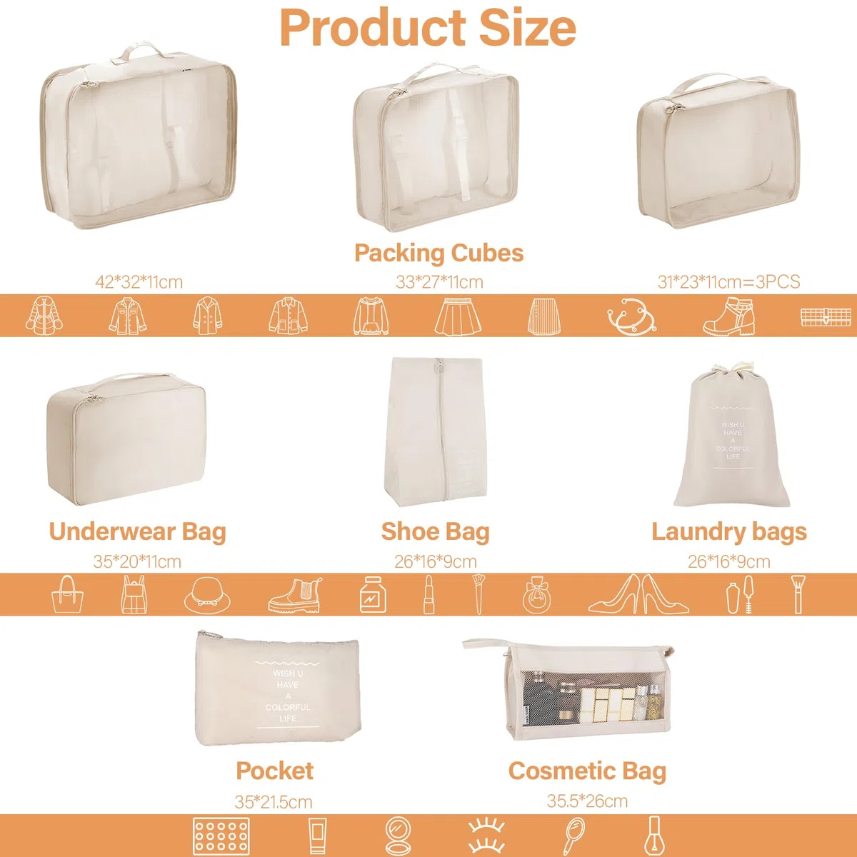 10 Pezzi Organizer Valigia Salvaspazio (Beige) – Set Packing Cubes, Organizer Valigie per Viaggi, Accessori Utili per Vacanze e Classificazione Abbigliamento Intimo e Calzature