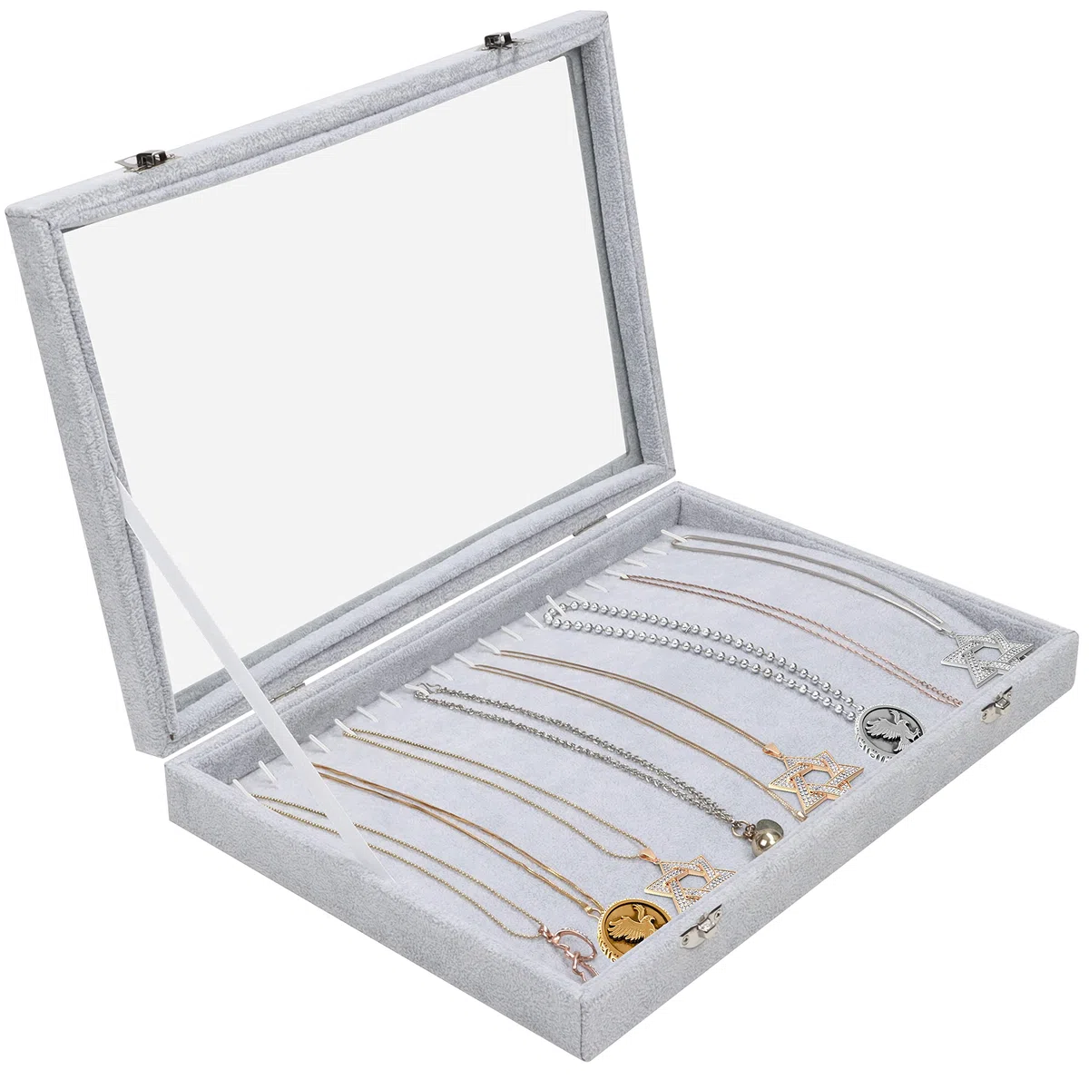 BELLE VOUS Porta Collane da Tavolo Espositore Gioielli Velluto Grigio - 20 Ganci e Coperchio in Vetro Chiusura a Chiave - Porta Gioielli Donna Impilabile - Espositore Collane, Orecchini e Bracciali