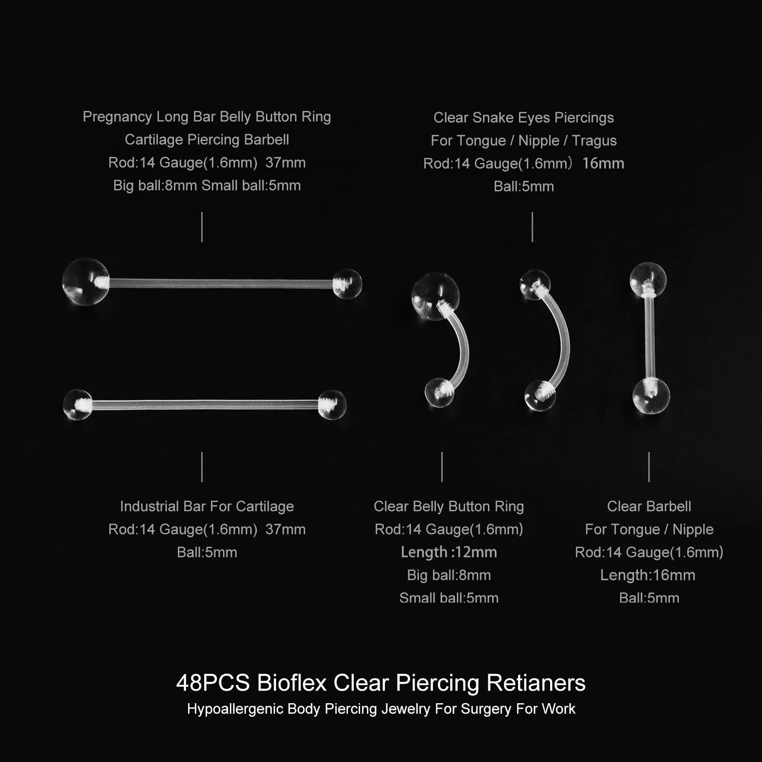48Pz Piercing Retainer Trasparente di Bioflex Plastica per Naso Orecchio Septum Lingua Ombelico Capezzoli Silicone Teflon Piercings per Sopracciglio Labret Trago Industrial