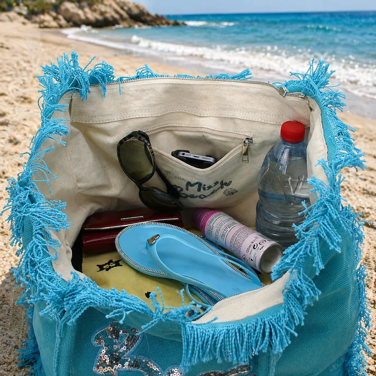 Borsa da Spiaggia Con Chiusura Zip per Vacanze - 29 o 17 Litri di Volume - Borsa Mare, da Picnic e a Tracolla in Tela