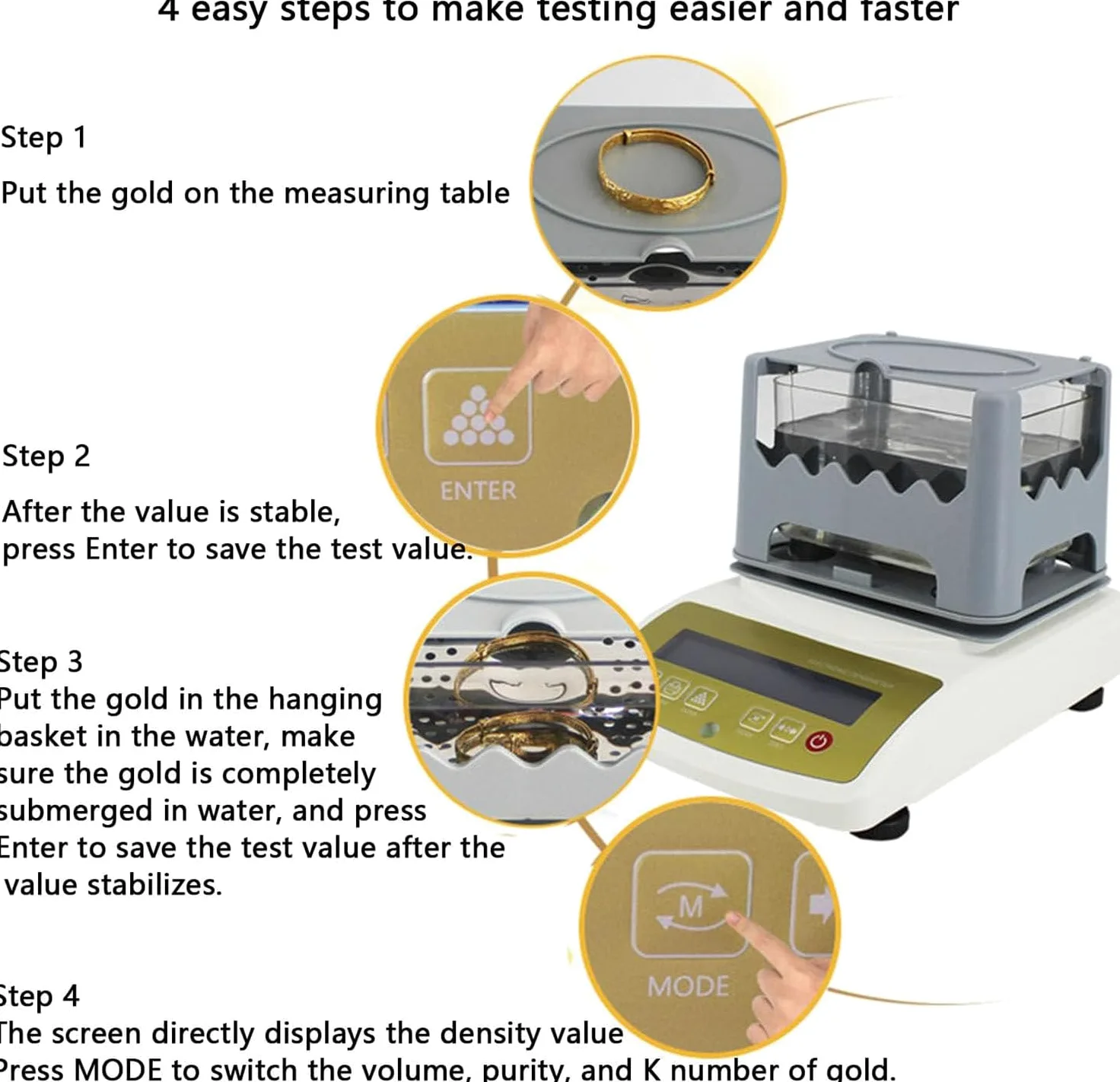 Tester di purezza dell'oro, Apparecchiatura di collaudo digitale di densità per metalli preziosi, Analizzatore elettronico dell'oro, Misurazione accurata della densità solida