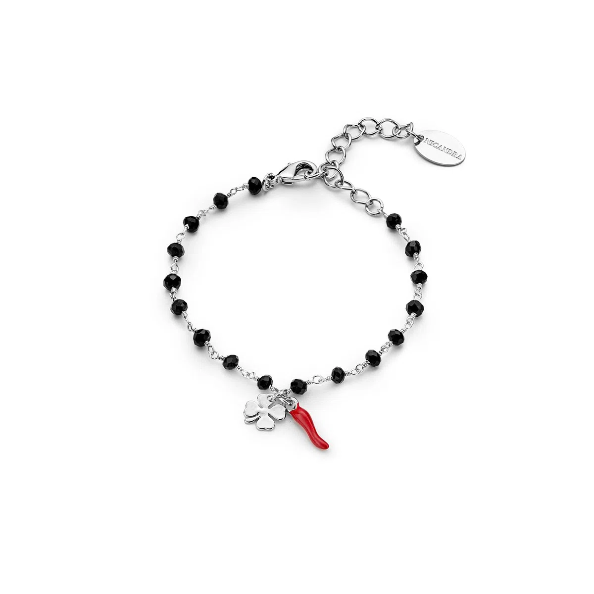 Bracciale Donna Oro o Argento - Gioiello con Ciondolo Portafortuna Cornetto Rosso e Quadrifoglio in Acciaio Inossidabile - Realizzato a Mano Regolabile da 16 a 22 cm - Made in Italy