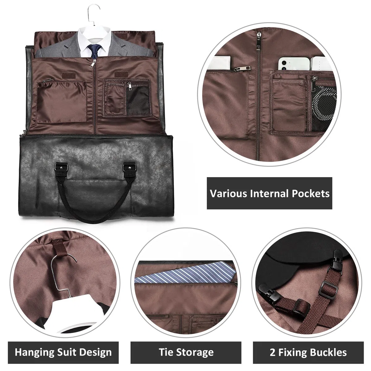 Borsa porta abiti da viaggio in pelle convertibile da uomo con scomparto per scarpe, impermeabile, perfetta per viaggi d'affari/regali per marito, Nero