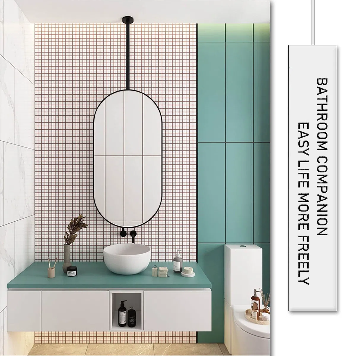 Specchio per Il Trucco Ovale per Il Trucco della casa Specchio Decorativo Creativo, con Struttura in Metallo e Specchio a Braccio Appeso al soffitto per Il Soggiorno del Bagno - Nero
