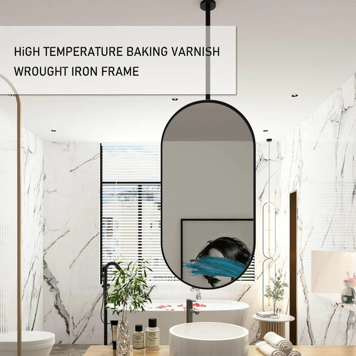 Specchio per Il Trucco Ovale per Il Trucco della casa Specchio Decorativo Creativo, con Struttura in Metallo e Specchio a Braccio Appeso al soffitto per Il Soggiorno del Bagno - Nero