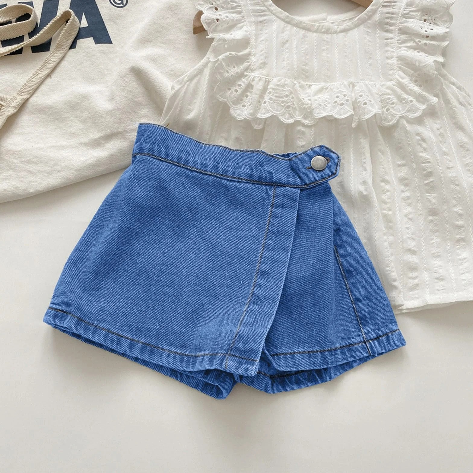 Generico Gonna-Pantalone in Denim per Bambine Casual Estivo Comodo Elastico Traspirante vestibilità Ampia per Bambini dai 3 ai 12 Anni