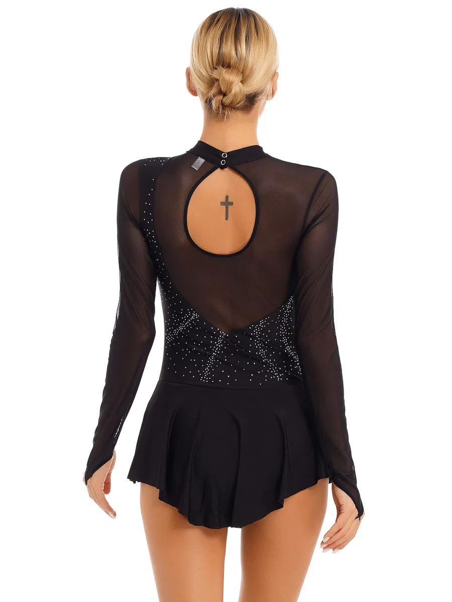Freebily Abito da Pattinaggio Artistico Donna Paillettes Leotards Vestito Danza Classica Manica Lunga Body da Balletto Ballerina Costumi di Danza Samba Rumba Jazz Dancewear
