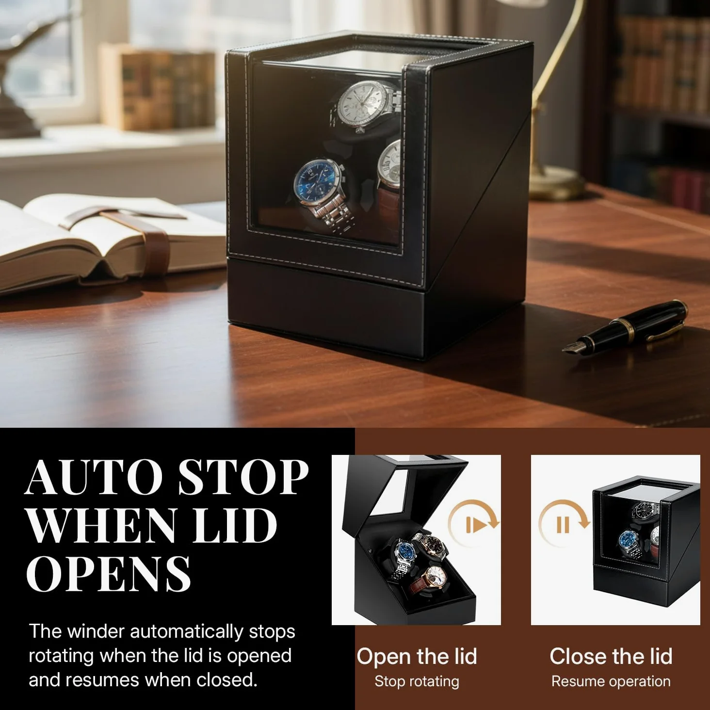 Mcbazel Remontoir Automatico per Orologi - Scatola in Pelle, Motore Silenzioso, 2 Modalità di Rotazione, Scatola Espositiva per Collezione di Orologi