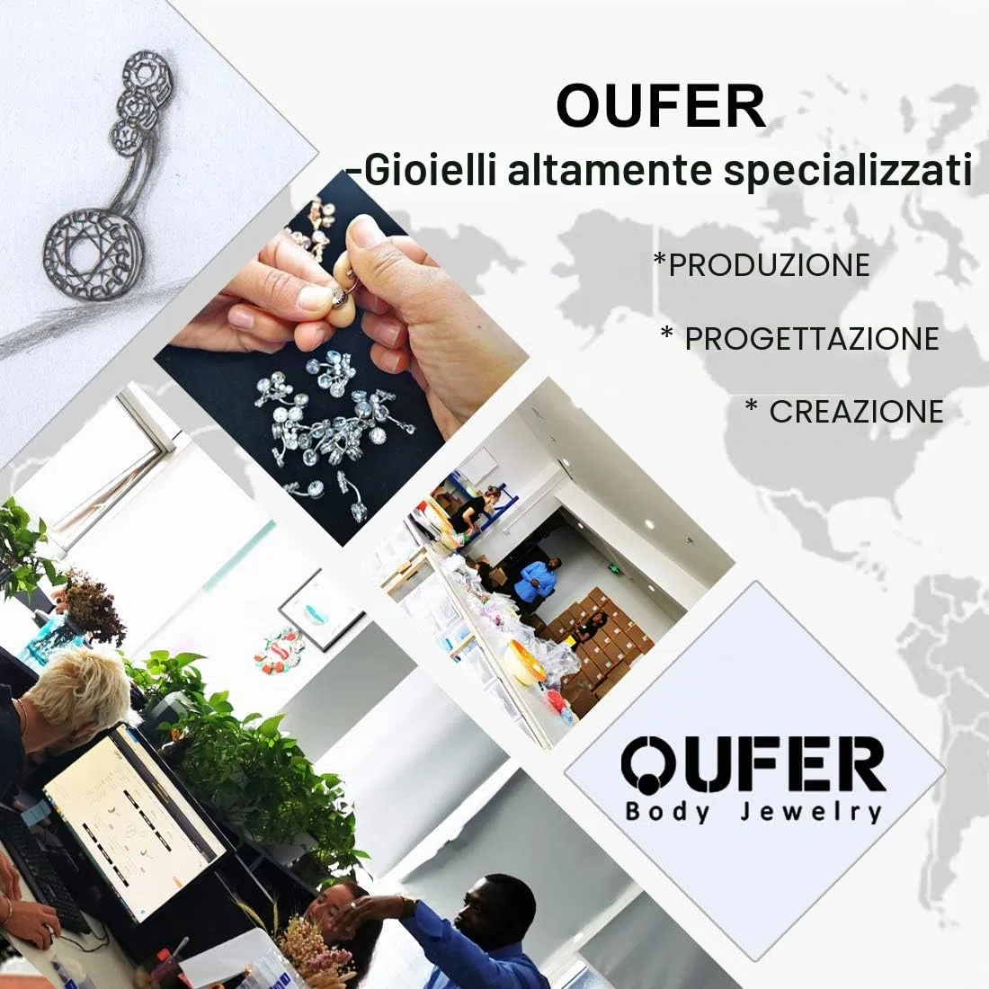 OUFER, piercing per ombelico in acciaio chirurgico 316L, con zirconia cubica trasparente